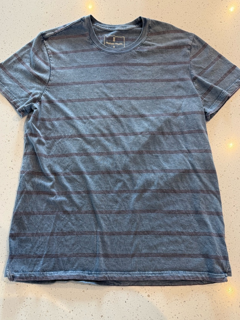 M Mutual Weave Crew Neck Striped T Shirt Blue Medium Relaxed Fit 100% Cotton